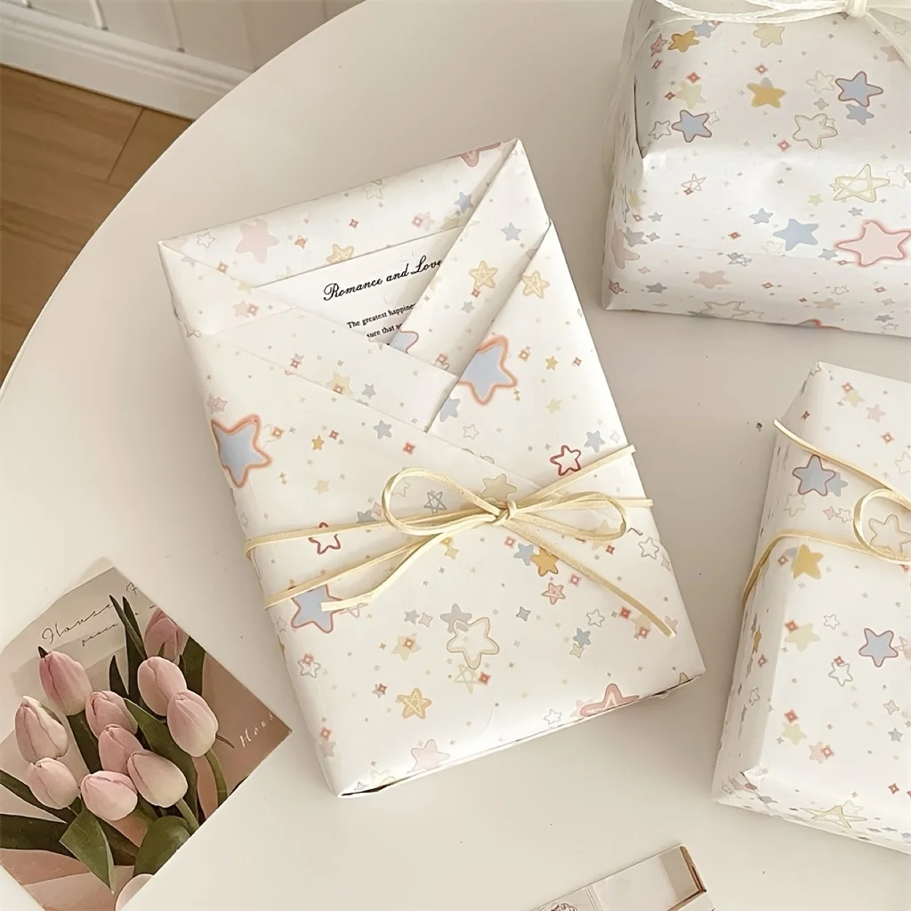 Ins-Style High-End Gradient Cream Five-Pointed Star Kraft Paper Original Gift Wrapping Paper with Holiday Gift Decoration Ribbon