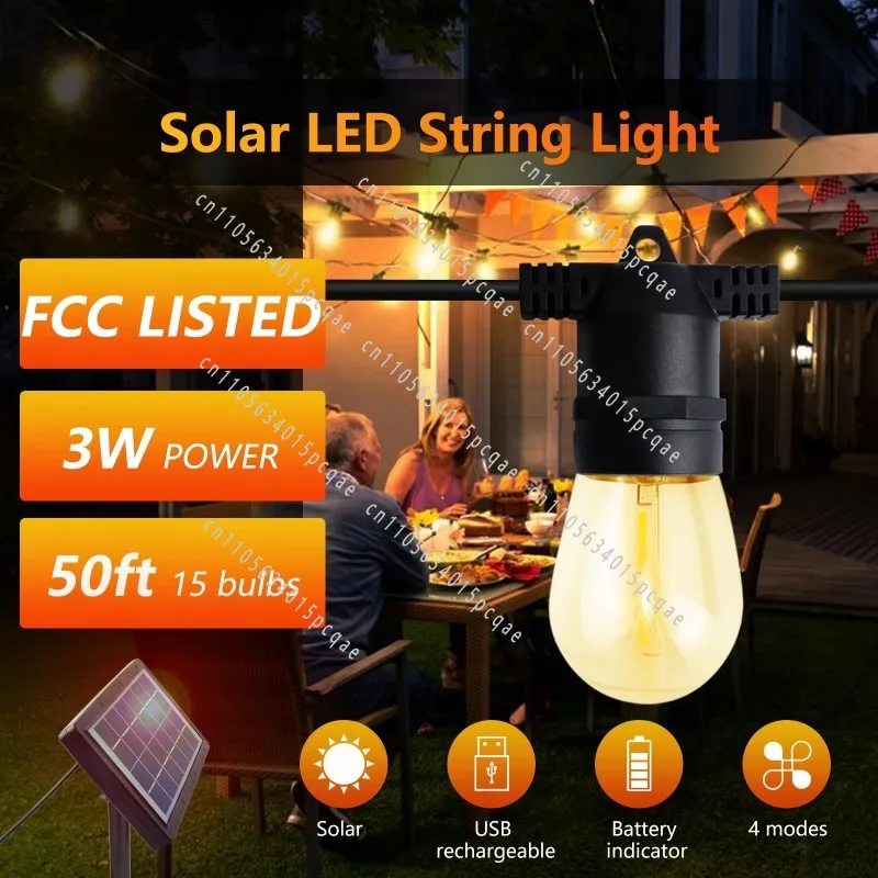 15M 15 S14 Bulbs IP65 Waterproof Solar Light Emitting Diode Outdoor String Light
