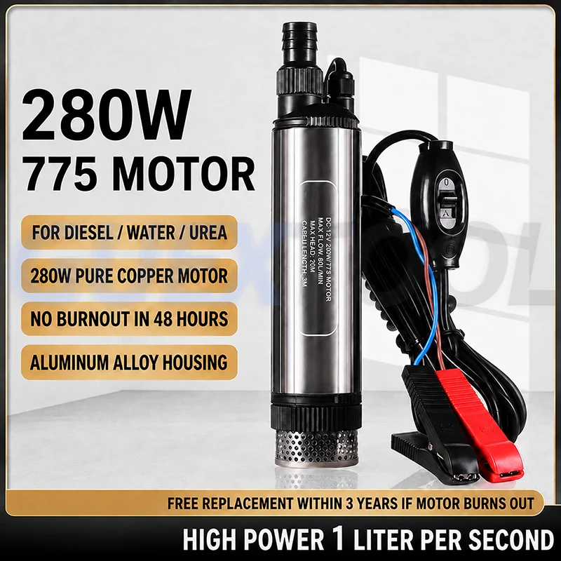 12V Submersible Water Pump 280W Pure Copper Motor Aluminum Alloy Shell Diesel Urea Transfer Pump for Liquid Fuel Transfer