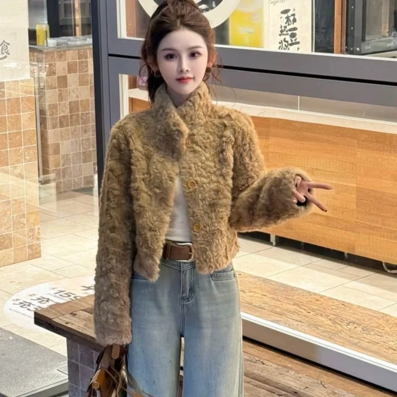 Women Autumn Winter Stand Collar Short Faux Lamb Fur Jacket Thick Warm Furry Trendy Popular Outerwear