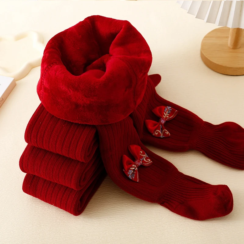 Suefunskry Little Girl Autumn Winter Knit Leggings Red Elastic Band Bow Decor Tights Pantyhose Socks Warm Thickened Stockings