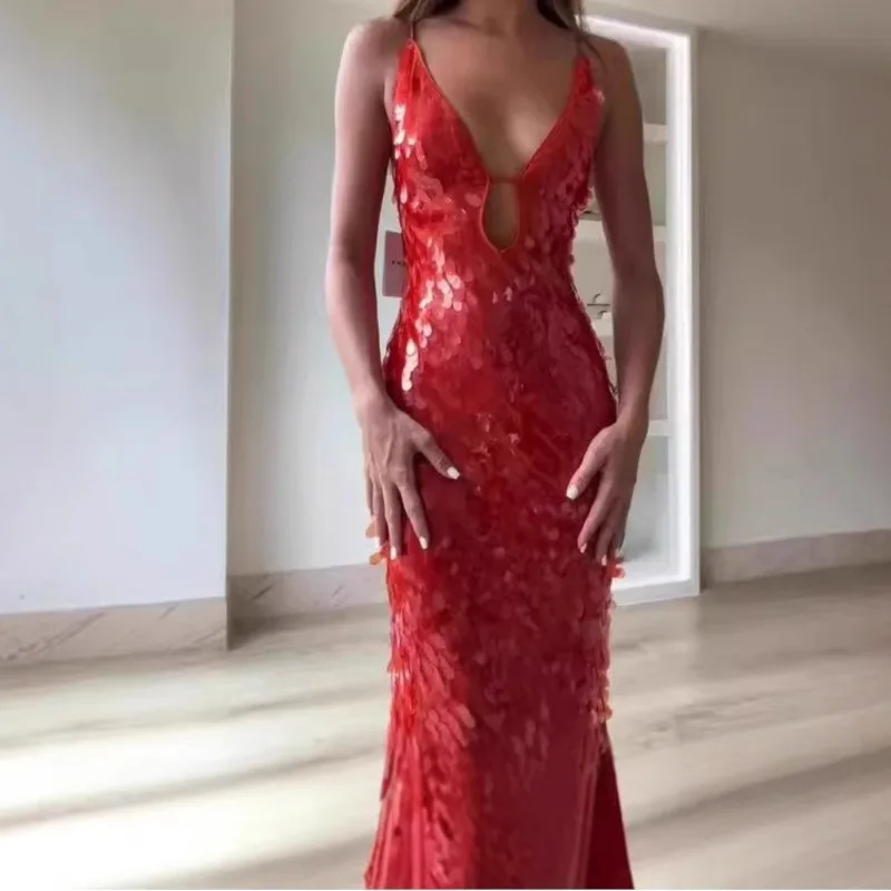 Modisches Pailletten-Kleid mit V-Ausschnitt und Trägern für Damen, Ärmelloses Abendkleid mit Hoher Taille und Rückenausschnitt, Maxi-Kleider 2026, Neues Partykleid