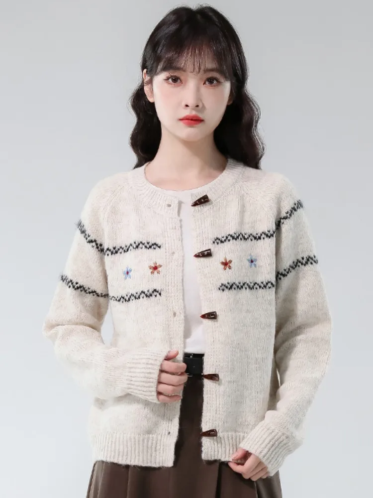 

Korean Sle Soft Mauve round Ne Button up Knit Sweater Cardigan Women's Autumn Winter Loose Lazy Hook Flower Knitted Jaet