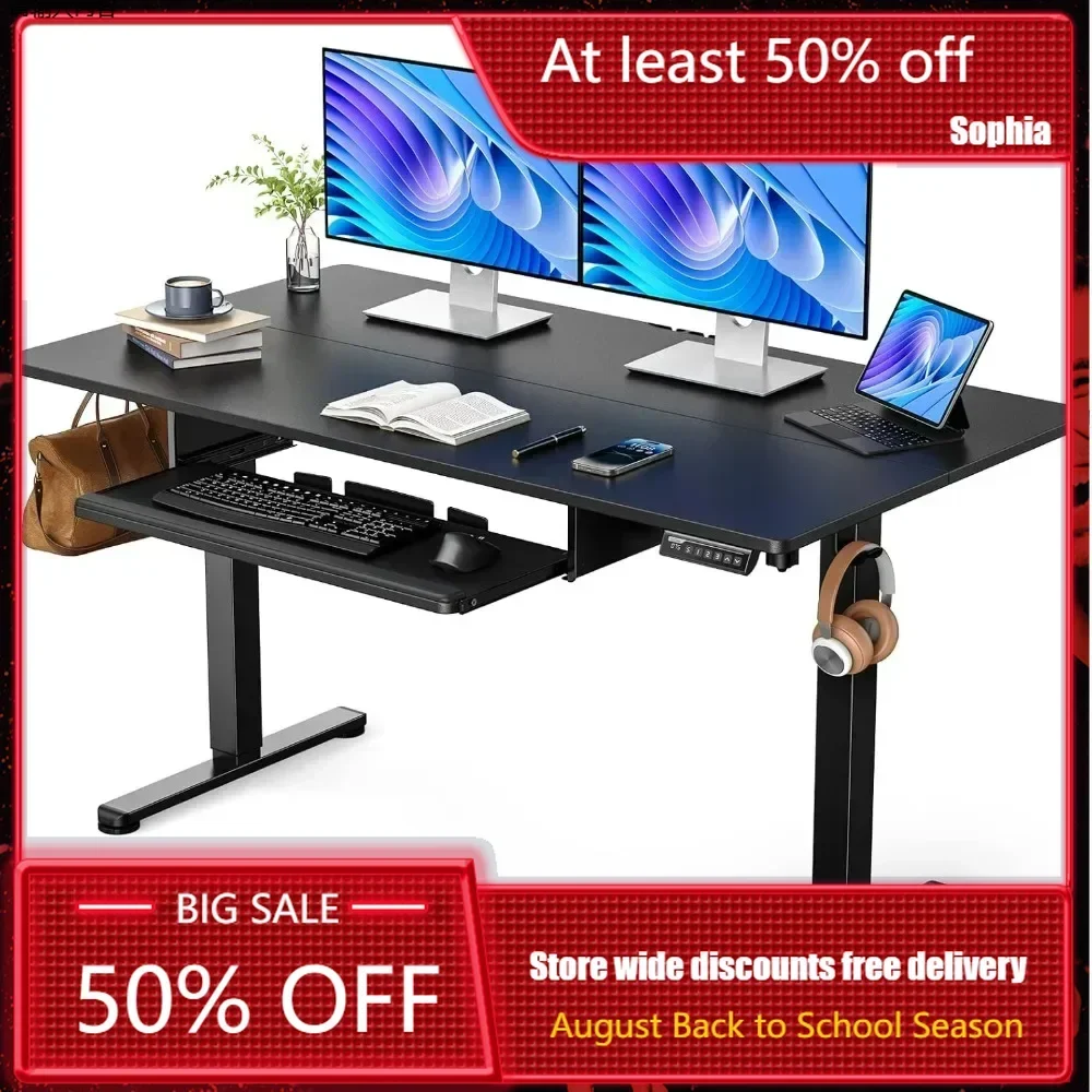 

HOT2024 NewComputer Desk Electric Standing 55x28 Inch High Sitted Desk with Keyboard Tray, Home School Computer Workstation Blac