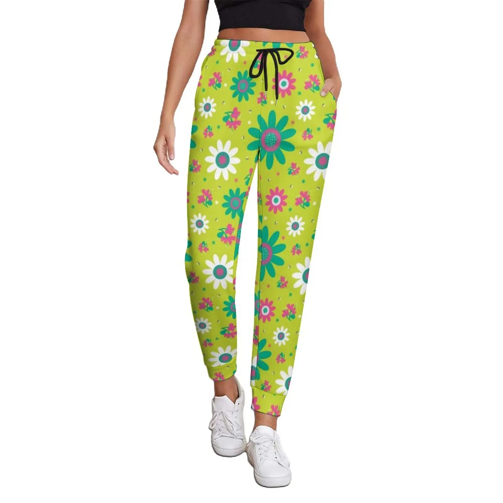 Retro Peace 60s Jogger Pants Spring Sunflower Floral Print Trendy Sweatpants Female Hip Hop Print Trousers Plus Size 2XL