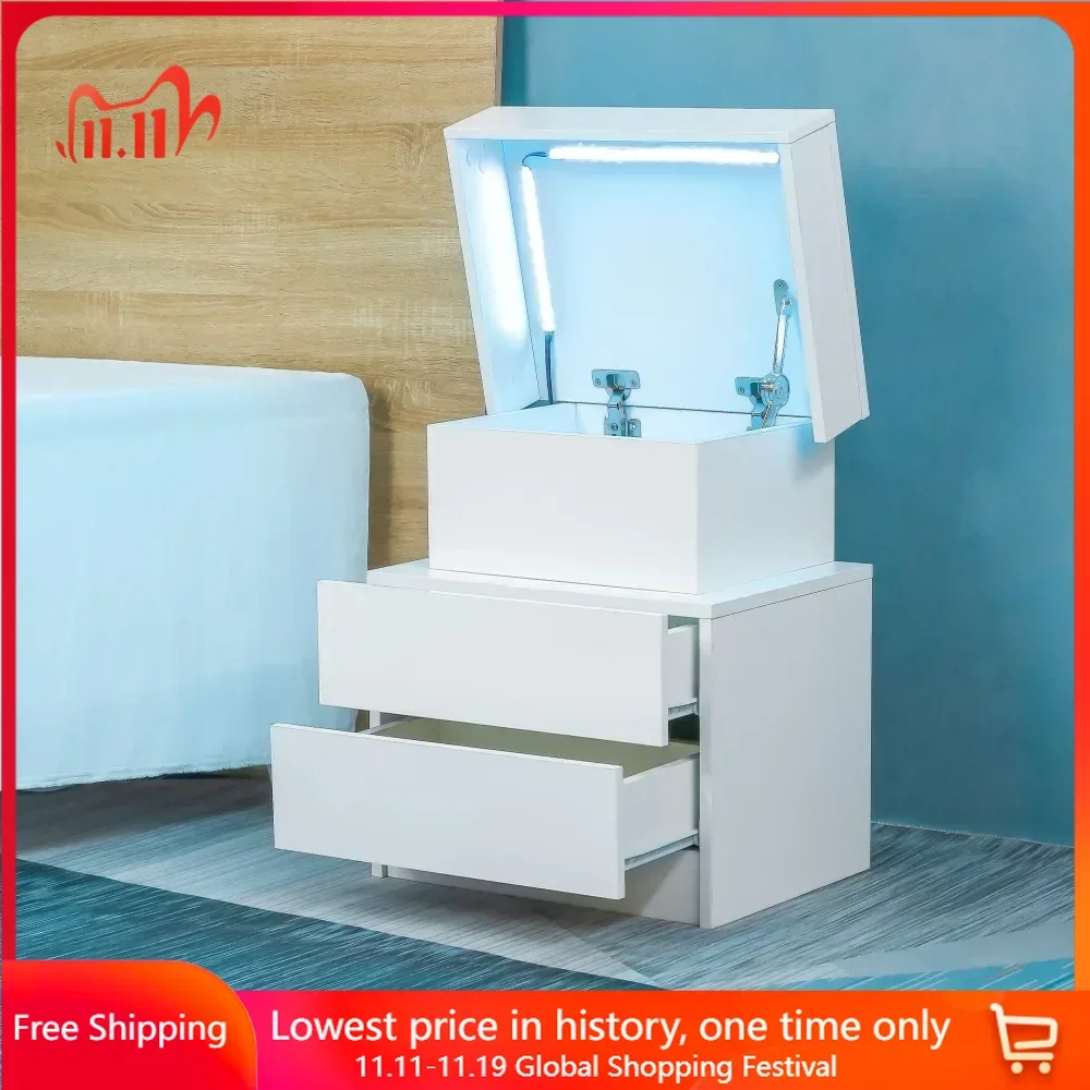 

LED Nightstand, Modern White End Table with Led Lights Wood Led Bedside Table Nightstands with 2 High Gloss Drawers for Bedroom