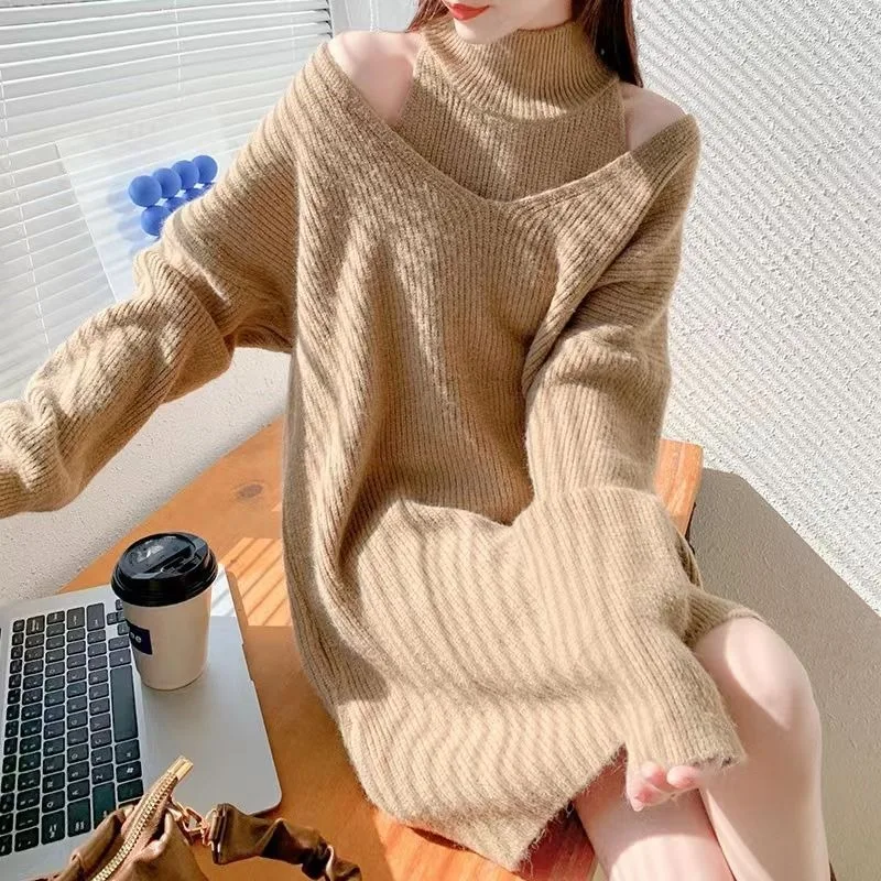 

Set Sweater Female Mid length High Neck Knit Two Piece Set for Women Autumn and Winter Korean Outwear Sweater Pullover Female