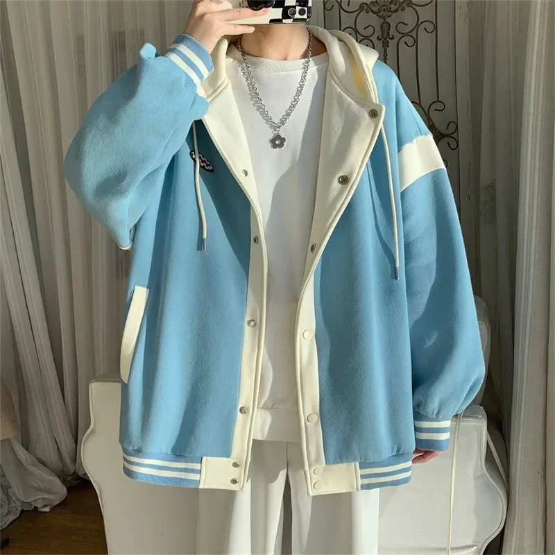 Y2k Fashion Hooded Sweatshirt For Women Thin Loose Patchwork Single Breasted Hoodies With Pocket Female Baseball Cardigan Jacket
