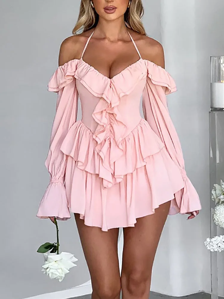 

Bangniweigou Stylish flounced Trim Playsuit Women Autumn Full Sleeve Cold Shoulder Low Cut Ruffles Halter Jumpsuit Cute Outfit