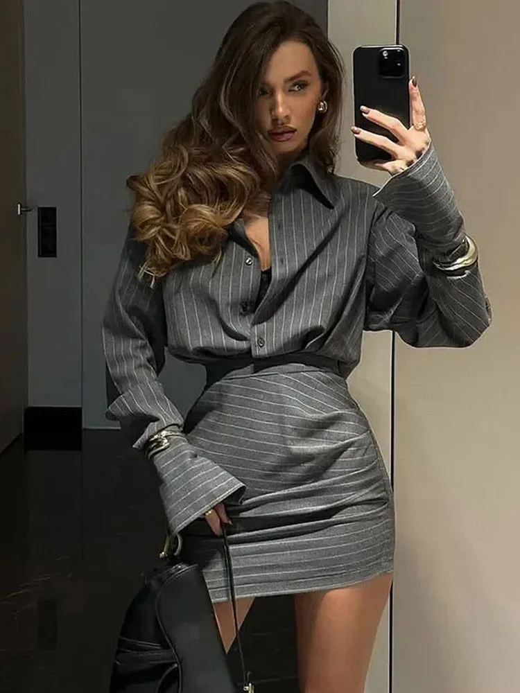 MCDV Elegant Striped Tops Skirts Set Women's Loose Lapel Single Breasted Shirt Slim Ruched Mini Skirt Female Chic Party Outfits
