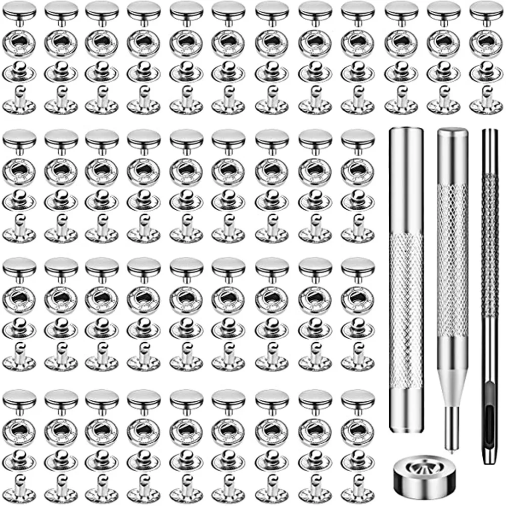 50 set Kit pengencang jepret kulit, jepret logam hitam, jepret kanvas perahu baja tahan karat untuk menjahit pakaian perak