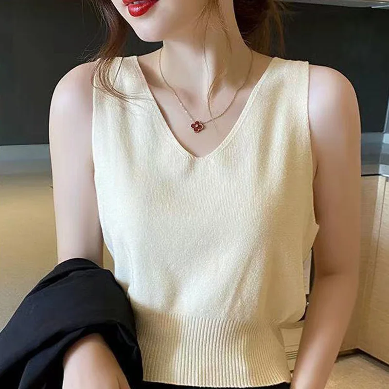 2024 New Summer Office Lady Simplicity Oversized High Waist Tank Top for Women Solid Knitting V Neck Sleeveless Y2K Chic Tops