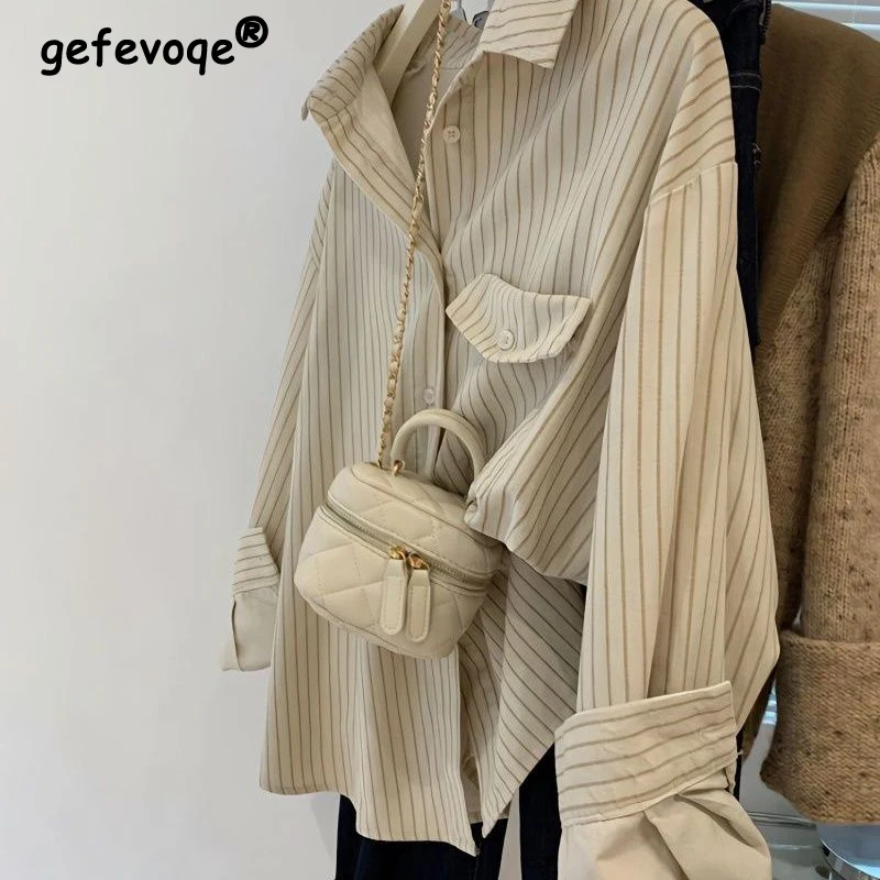 

Women Classic Striped Casual Streetwear Single Breasted Shirts Spring Autumn Trendy Oversize Blouses Female Long Sleeve TopsYY81