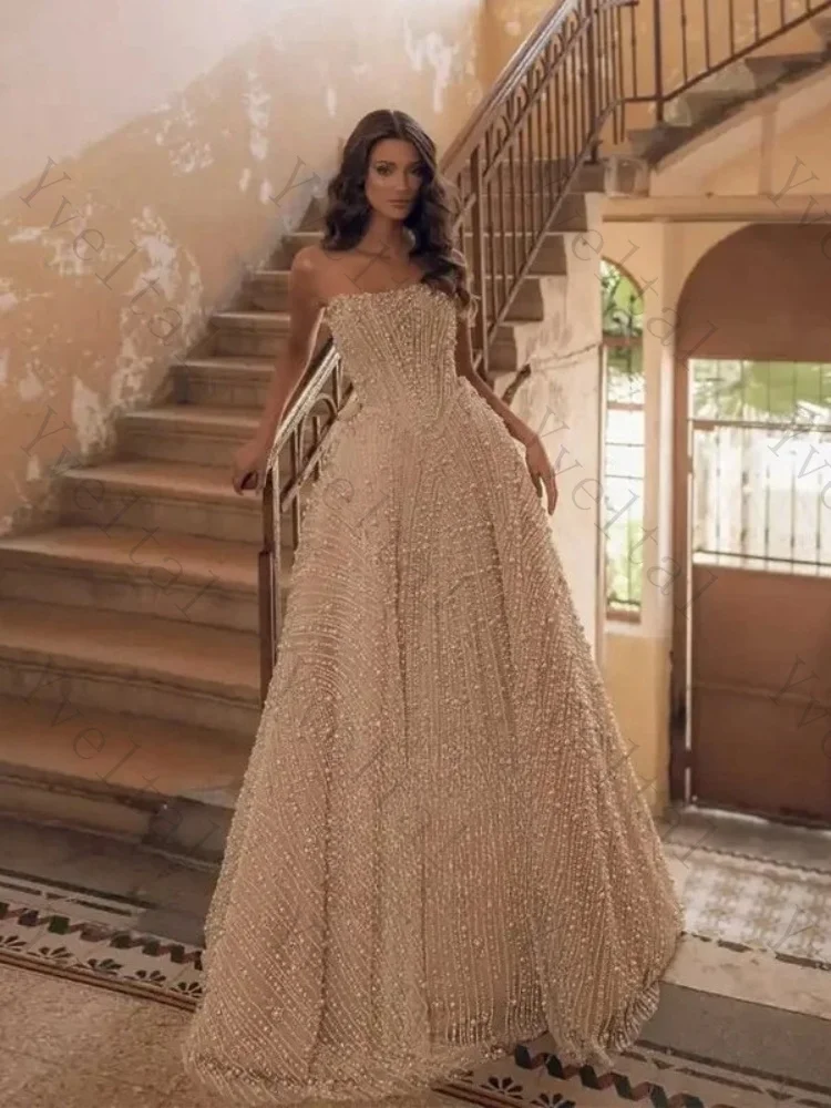 Customized Graceful Temperament Beaded Lace Wedding Dresses Strapless A Line  Beaded Pearls Sweep Train Charming Bridal Gown
