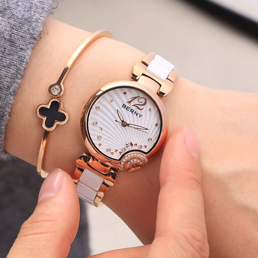 BERNY Ladies Quartz Watch Woman Ceramic Bracelet Butterfly Buckle Waterproof Watches Fashion Relogio Feminino Gift Жаночыя гадзі