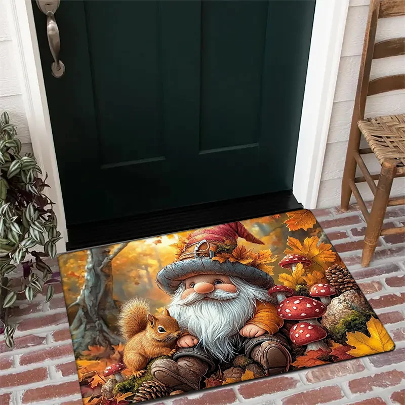 Fall Gnome Squirrel Doormat, Thanksgiving Mushroom Indoor Entrance Welcome Mat, Washable Kitchen Bathroom Laundry Rug