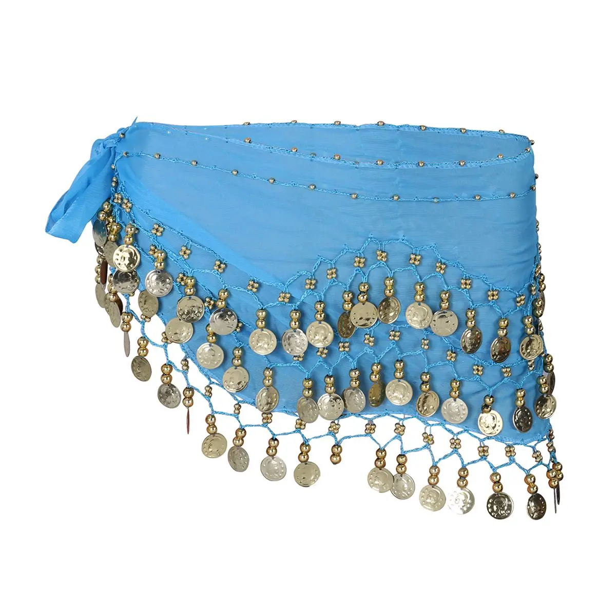 Chiffon Hip Scarf with 128 Coins for Women Turquoise Coin Wrap Accessories Ideal for Parties Festivals Dance Hip
