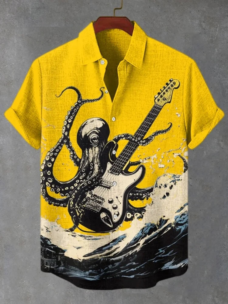 

Желтые рубашки, мужские рубашки с короткими рукавами и принтом «Осьминог-гитарист», морская волна, повседневная рубашка с короткими рукавами, свободный воротник с лацканами, винтажные туники большого размера