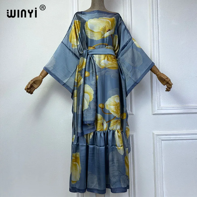 

WINYI high quality Middle East Print kaftan with belt africa clothing evening dress holiday muslim dress kuwait فساتين طويلة