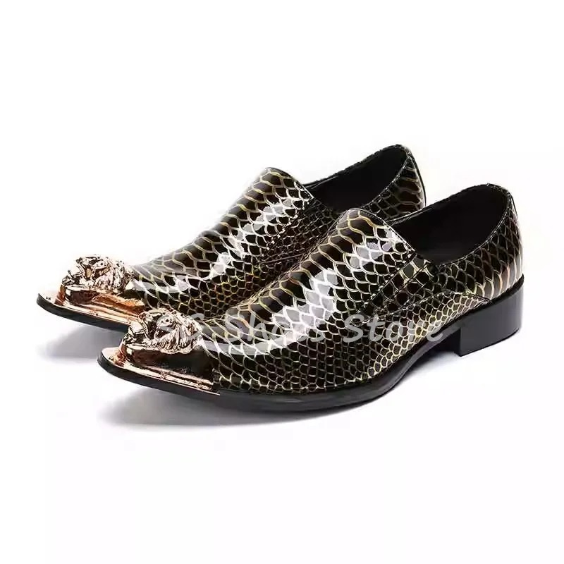 Fashion Metal Pointed Toe Splicing Snakeskin Pattern Leather Loafers for Men Shallow Slip-On Derby Shoes Male Party Dress Shoes