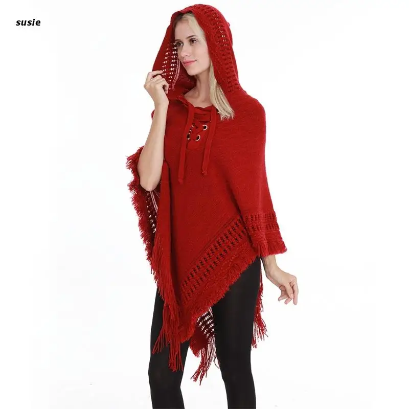 Women Winter Hoodies Shawl Wrap Knit Fringe Tassel Lace-Up Oversized Poncho Cape