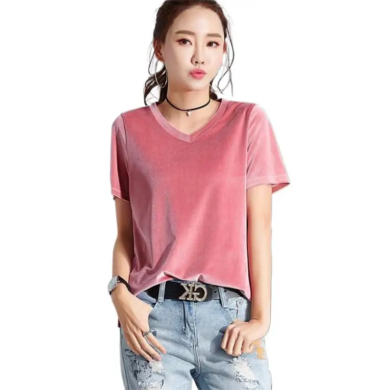 

2024 Korean Women Velour T-Shirts V-neck Short Sleeve Solid Color Velvet Blouse Casual Loose Tee Tops Spring Summer Blusas