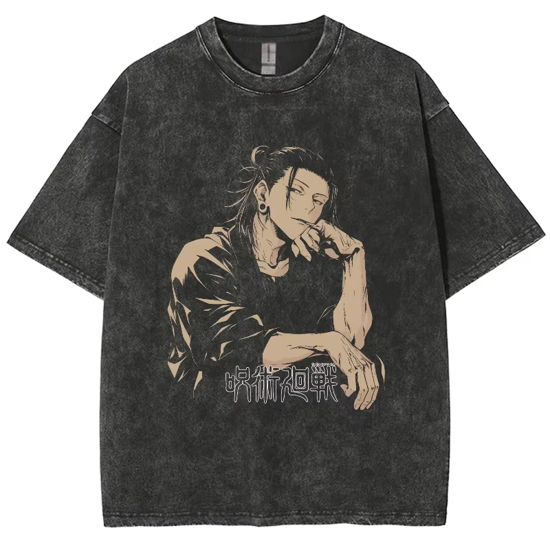 

Футболка Jujutsu Kaisen из винтажного выстиранного хлопка, классическая повседневная футболка с коротким рукавом и аниме-принтом для мужчин, женщин и подростков, для ежедневной носки