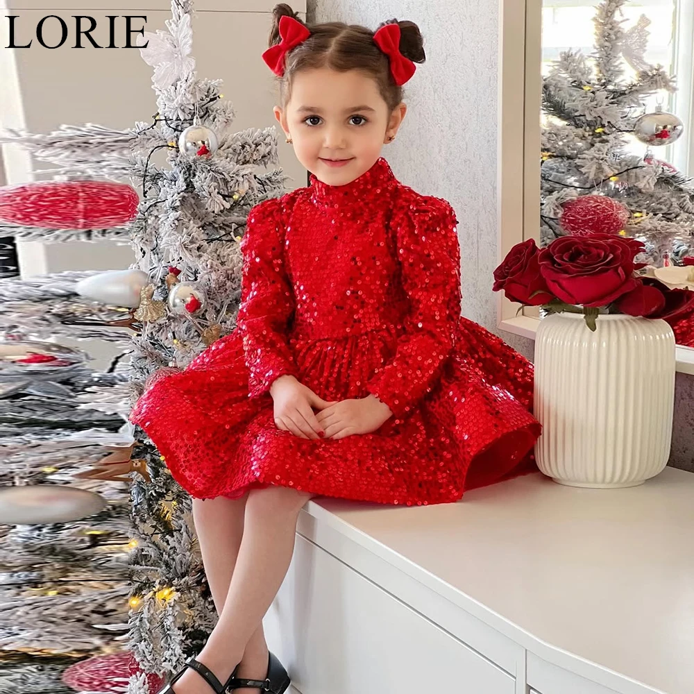 

LORIE Cute Red Sequins Flower Girl Dresses A-Line High Neck Pleated Glitter Wedding Party Dress Sparkly Birthday Dress Customize