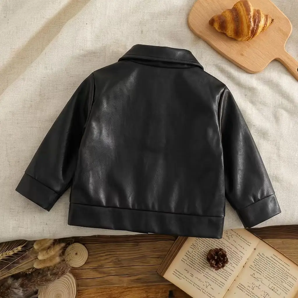 Baby Boy Faux Leather Jacket Lapel Button‑Up Casual Outerwear