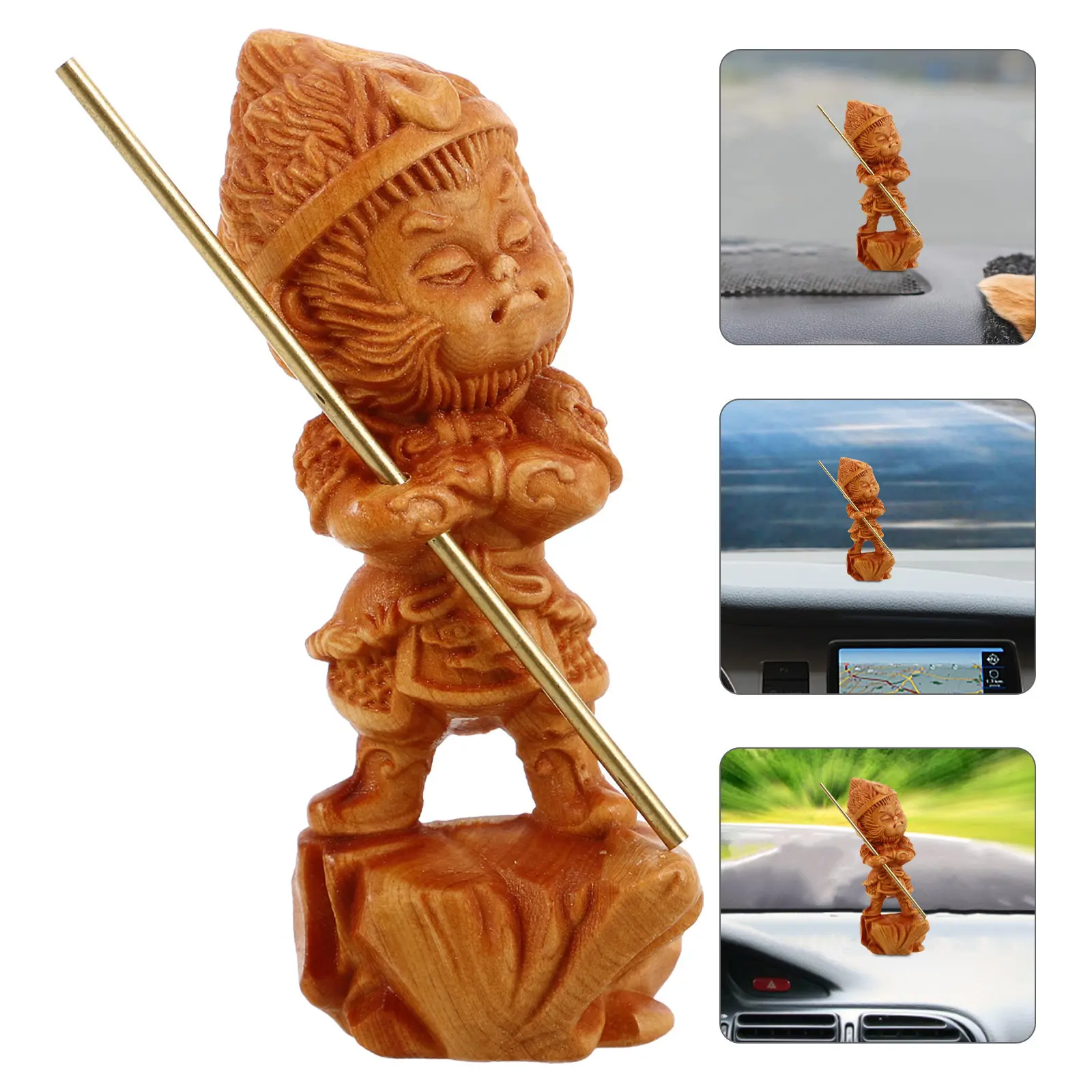 Hand Carved Wooden King Statue Wukong Home Office Decor Small Animal Sculpture Chinese Ornament Car Dashboard Decoration Wood