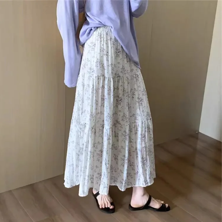 Elastic Waist Floral Printed Casual Fashion Girly Midi Skirt