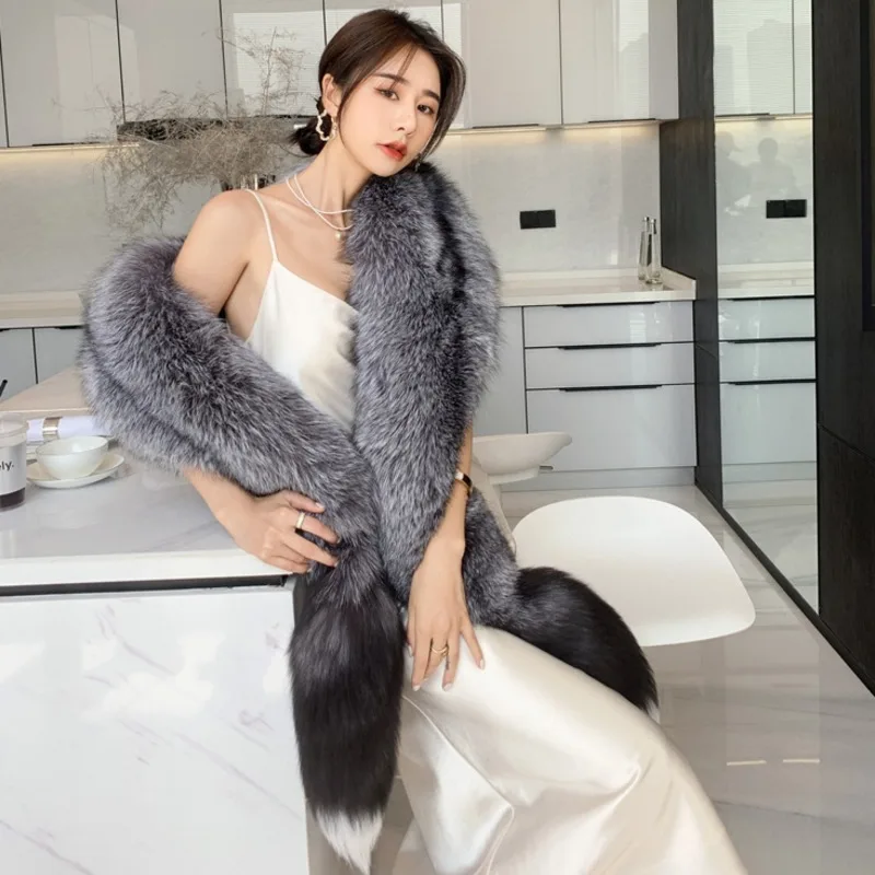 Real Fox Fur Scarf Shawl  Fox Fur Tail  Wedding Shawl Full Leather Fur Long Thickened Scarf Luxury Natural Fox Fur Collar Shawl