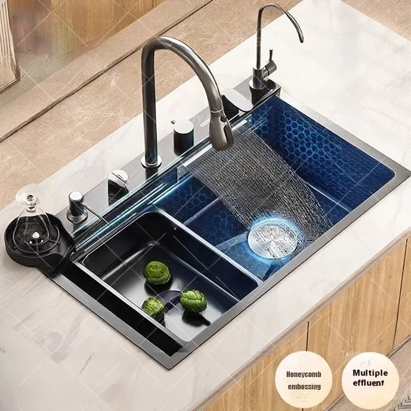 

Кухонная раковина с водопадом из нержавеющей стали, тисненый цифровой дисплей, большая многофункциональная раковина с одной чашей