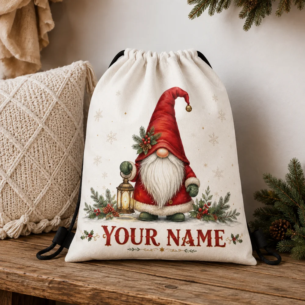 Custom Name Christmas Gnome Drawstring Backpack, Polyester X‑mas Holiday Sack Bag, Festive Gift Storage Shoulder Bag