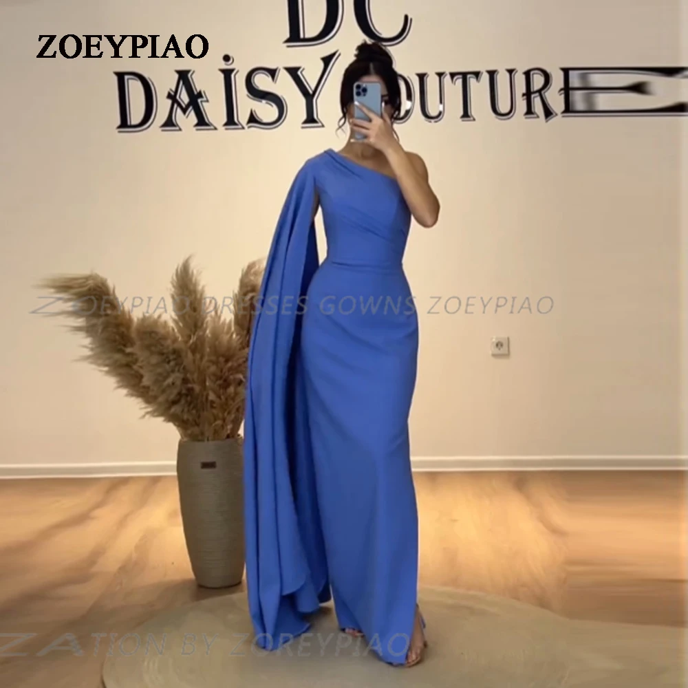 

New Arrival Blue Stretch Prom Dress One Shoulder Sleeveless Ankle Length Summer Evening Gown Cocktail Party Dresses Vestidos