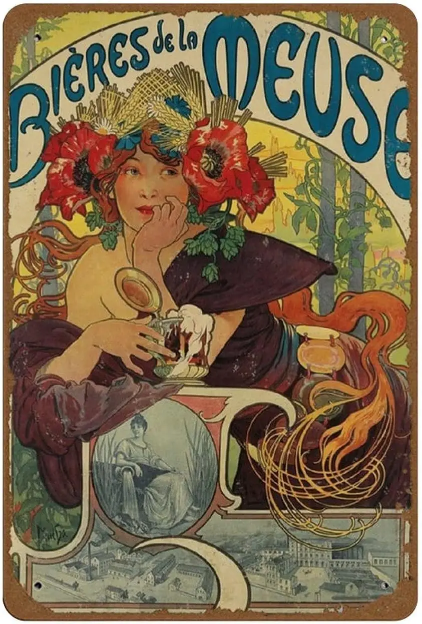 Bières De La Meuse France 1897 Alphonse Mucha Vintage Beers Wines & Spirits Art Nouveau Poster Novelty 8x12 Tin Sign Me sign