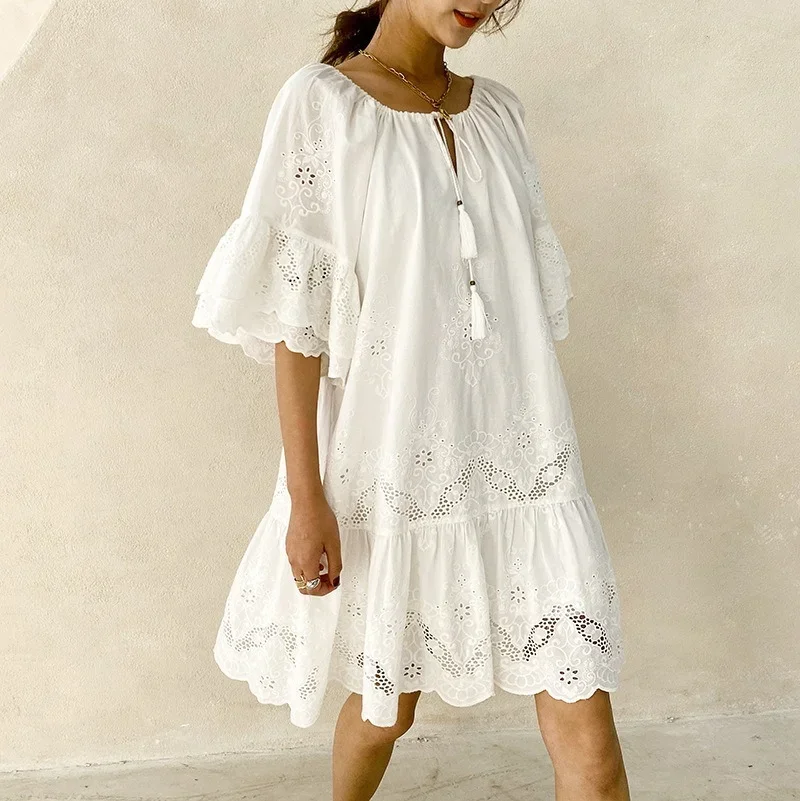 

Exquisite Embroidered Cotton Breathable Vacation Style Dress Refreshing White Fairy Dress