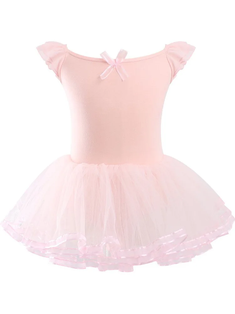 Ballet Dress Gym Tights for Girls Kids Short Sleeve Ballet Chiffon Beaded Tights Bowknot Dancewear Ballet Bodysuits
