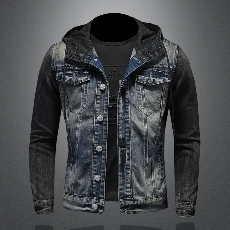

2026 Spring New Men's Hooded Denim Jacket Slim Fit Biker Jacket Trendy Fashion Casual Streetwear Outerwear Top