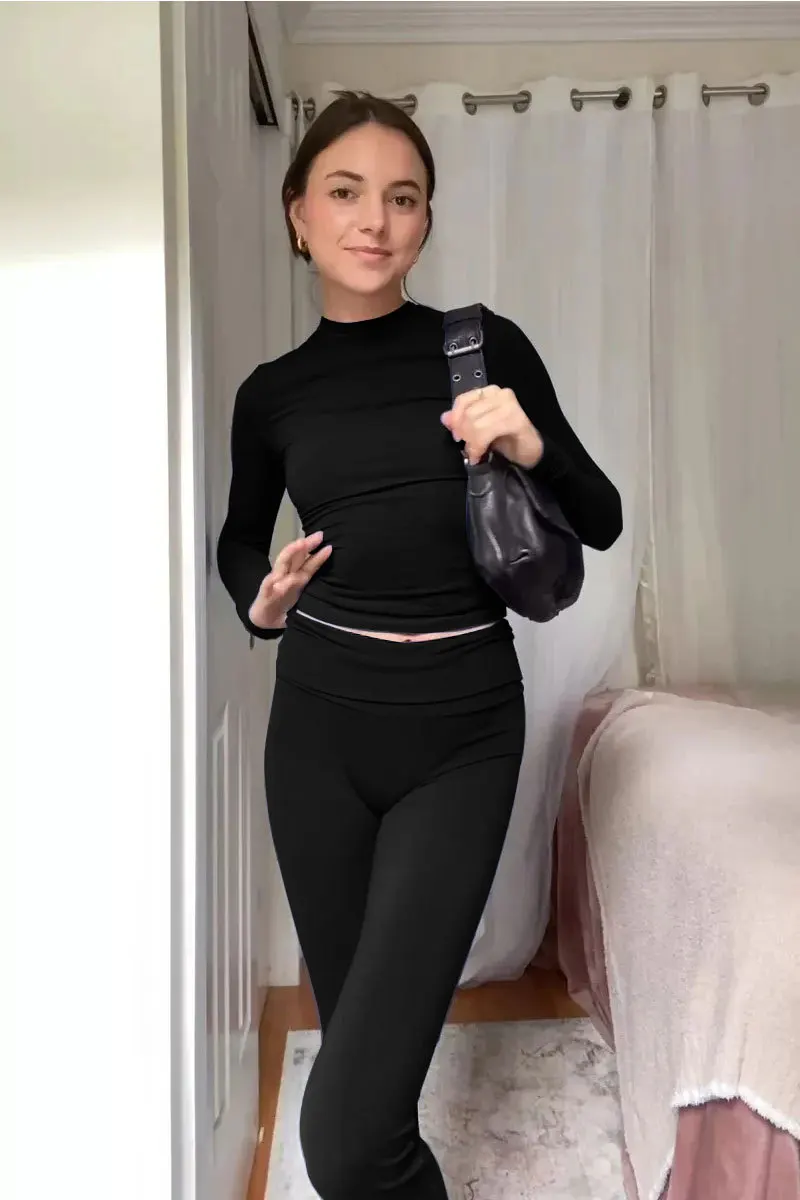 Trend Casual Gray Two Piece Set Concise Sporty Pants Suit For Women Fitness Long Sleeve Crop Top Waist Pants