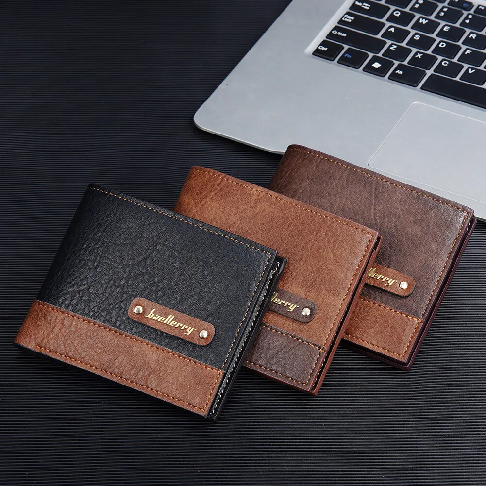 Dompet Kulit PU Pendek Pria, Dompet Pria Kecil Tempat Foto Saku Lipat Dua Slot, Saku Dompet Antik untuk Pria