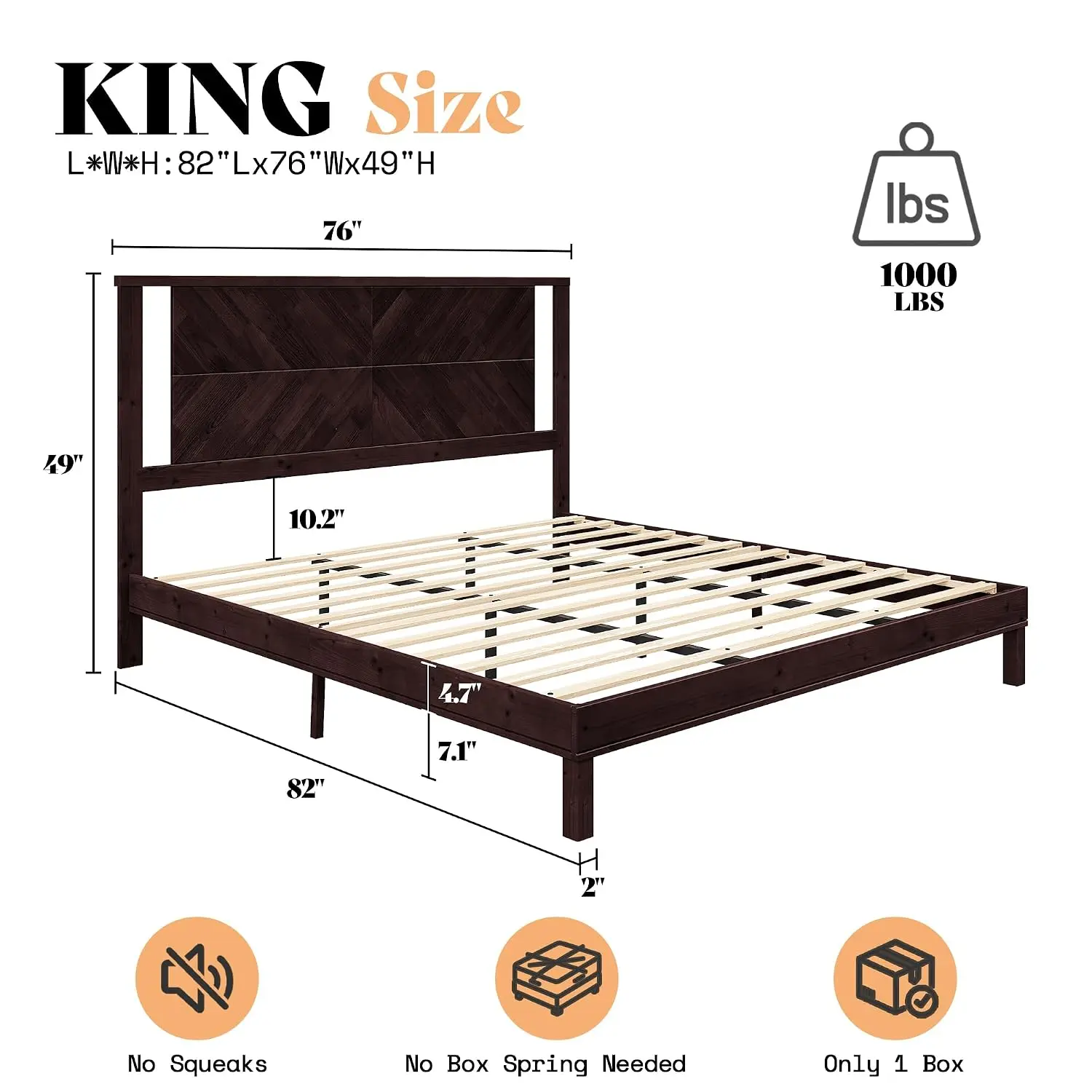 Solid Wood King Size Bed Frame with Headboard, Mid Century Modern Style Platform Bed with Under-Bed Storage, No Box, Custom image 4