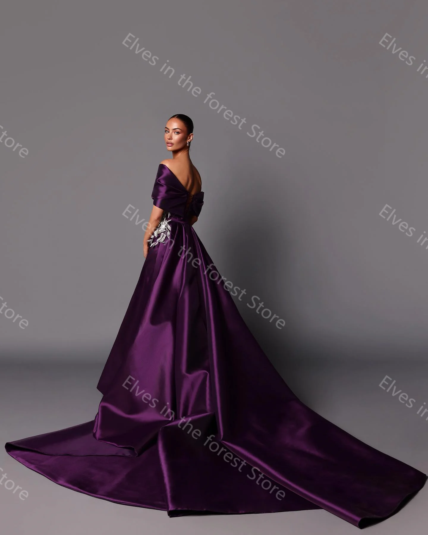 Vintage Purple Evening Dresses Glitter Crystals Appliques Women Party Gowns with Deatchable Train Sexy Side Split Prom Dresses