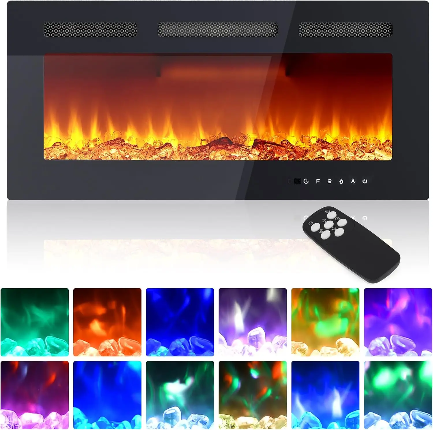 32.77-Inch Wall Mount Electric Fireplace – Iron & Tempered Glass, 120V, Dual Heat (750W/1500W), 12 Flame Colors, Touch/Remote Control, Timer, Log & Crystal Decoration