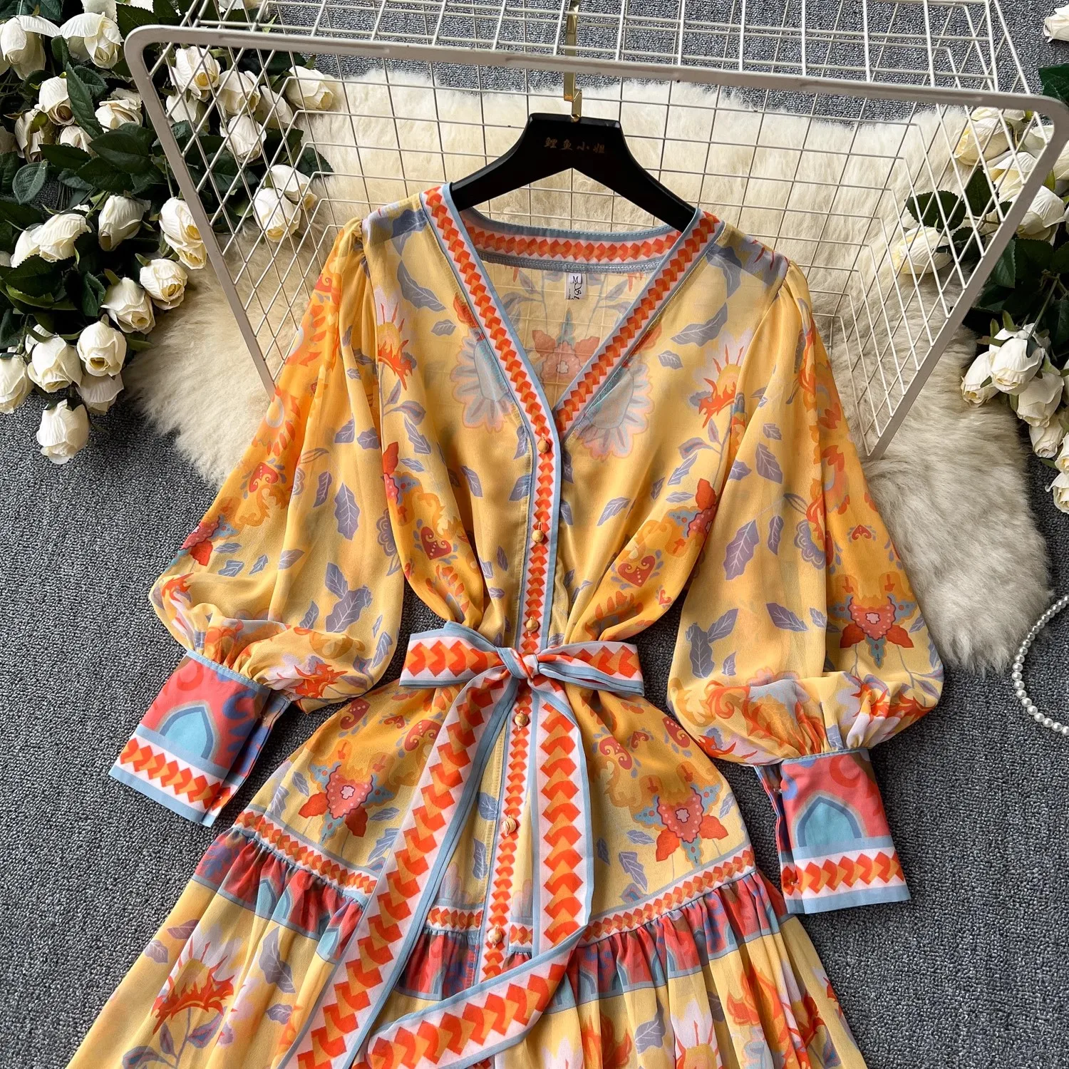 2024 Elegant Vintage Women V Neck Flower Print Chiffon Maxi Dress Boho Summer Single Breasted Lantern Sleeve Belt Holiday Robe