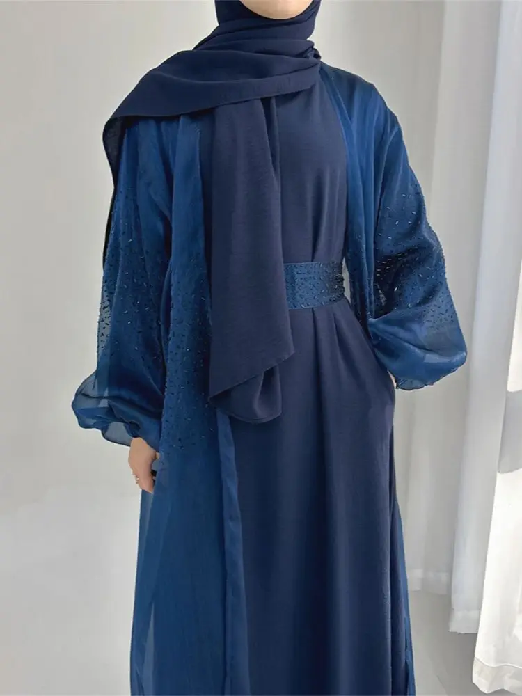 Imagem -03 - Ramadan Open Kaftan para Mulheres Abaya Dubai Turquia Conjunto Muçulmano Robe Islam Vestidos Africanos Quimono Marrocos Vestuário Caftan Pcs