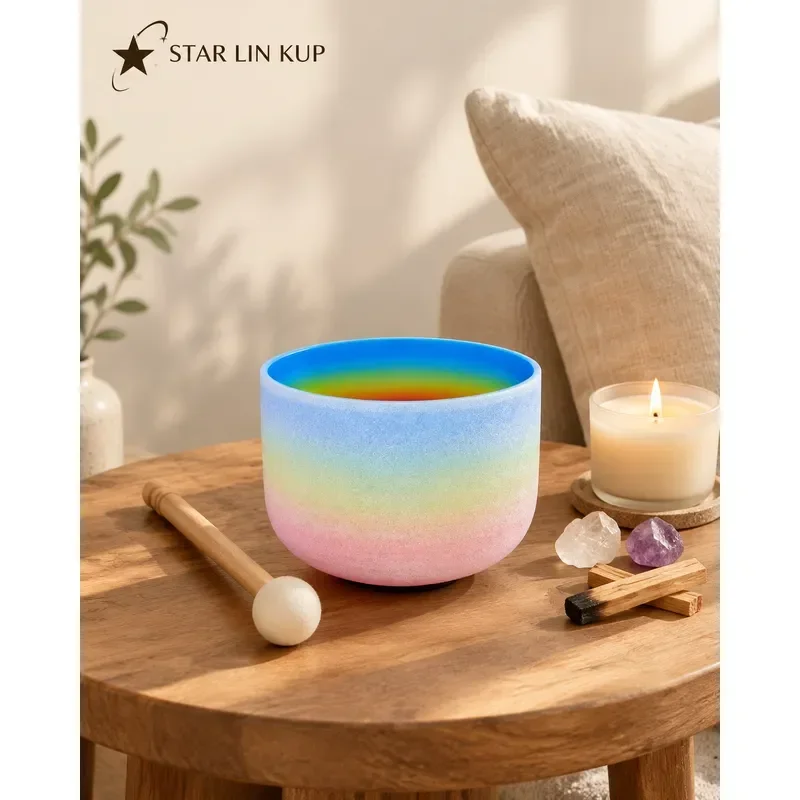 STAR LIN KUP 8 Inch Blue Rainbow Quartz Crystal Singing Bowl G Note Throat Chakra Sound Healing Meditation Yoga with Mallet