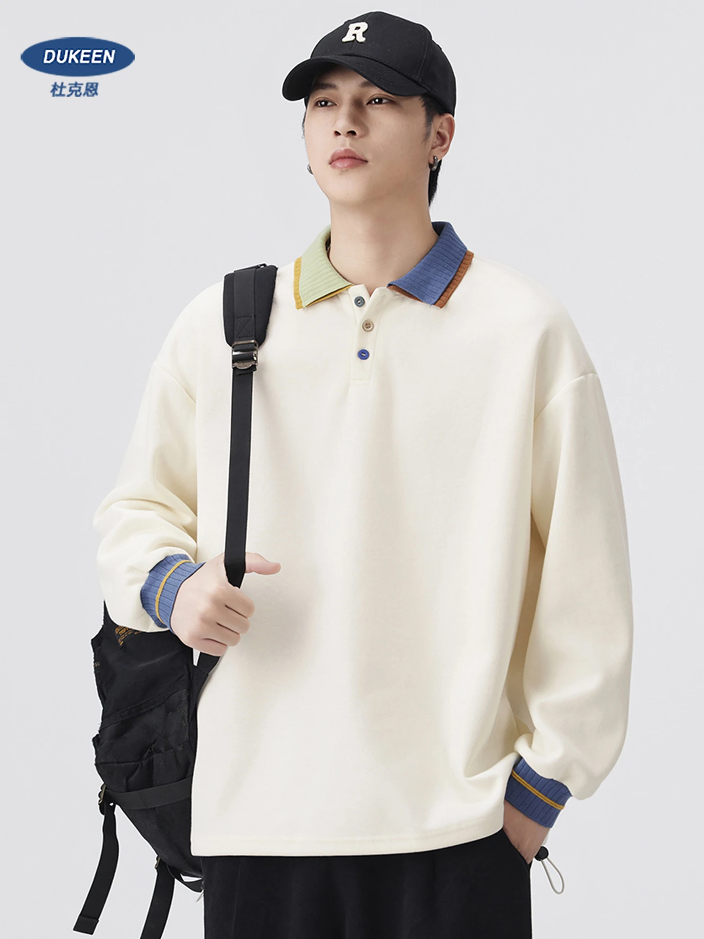 

DUKEEN Colorblock Collar Men's Sweatshirts 2025 Spring and Autumn New Fashion Design Relaxed Fit Men's Long Sleeve Polo Pullover