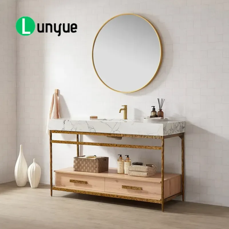 Modern Solid Wood Bathroom Vanity Cabinet 55 Inch White Stone Countertop Detached Washstand for Home Bathroom Storage