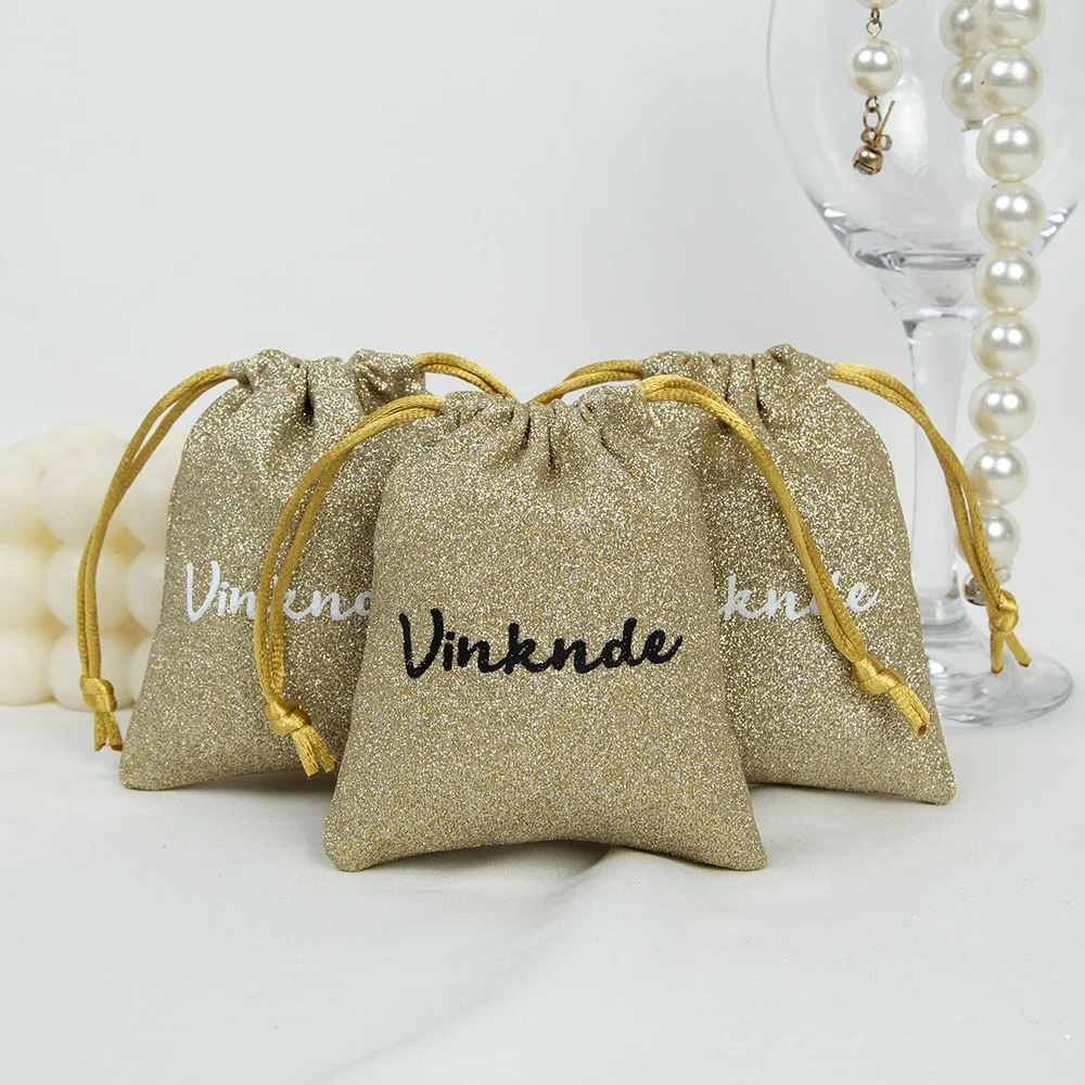 

Custom Logo Luxury Gold Shinng Suede Drawstring Bag Jewelry Organizer Gift Packaging Storage Pouch Wedding Favors Sack
